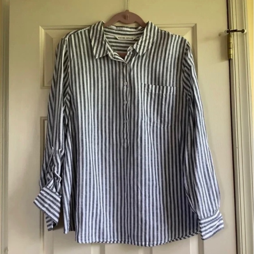 Rachel Hollis Woven Linen Striped Henley Shirt Grey White SZ 14